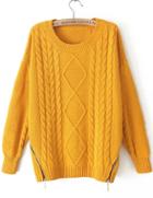Romwe Cable Knit Zip Embellished Yellow Sweater