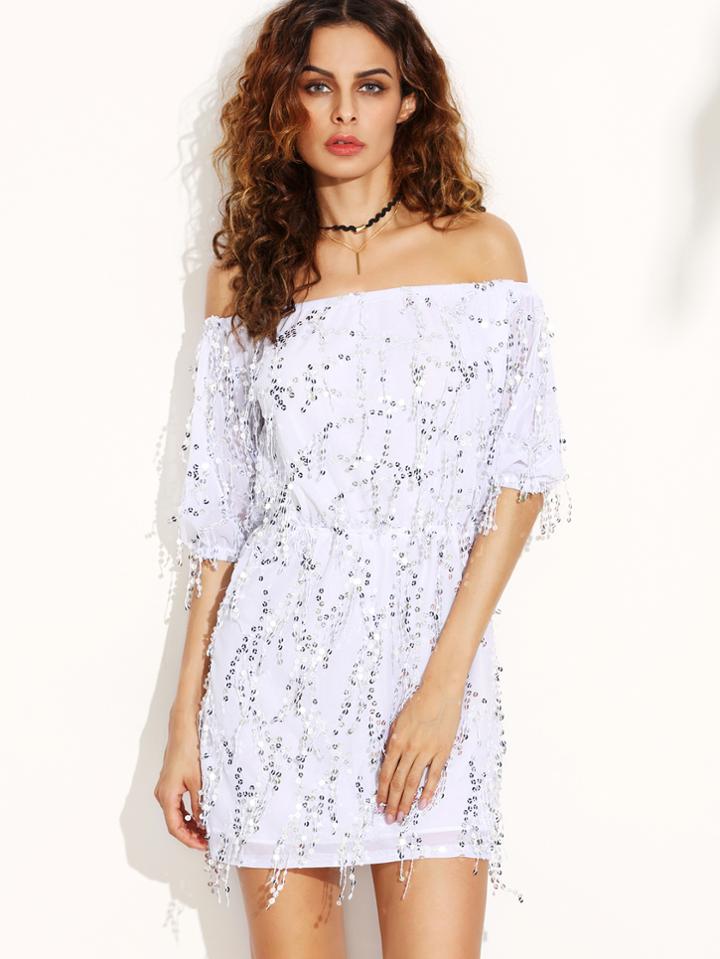 Romwe White Elbow Sleeve Off The Shoulder Sequined Dress