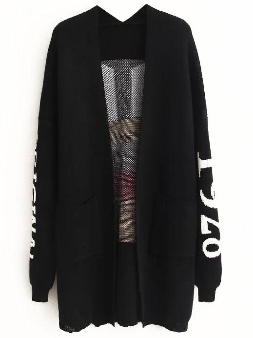 Romwe Black Monkey Pattern Drop Shoulder Long Cardigan With Pockets