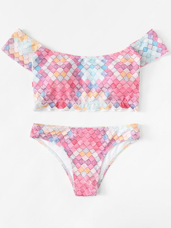 Romwe Geometric Print Bardot Bikini Set