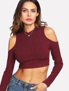 Romwe Cold Shoulder Ribbed Crop Tee
