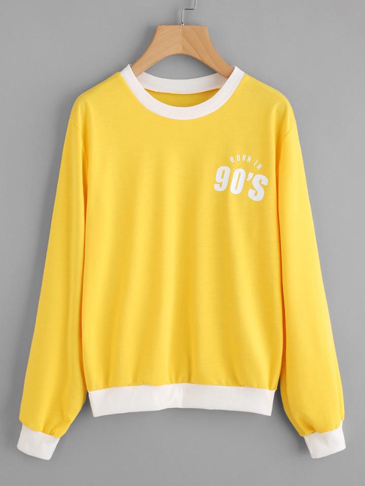 Romwe Number Print Contrast Trim Sweatshirt