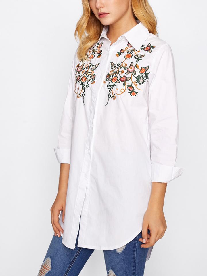 Romwe Flower Embroidery Longline Blouse