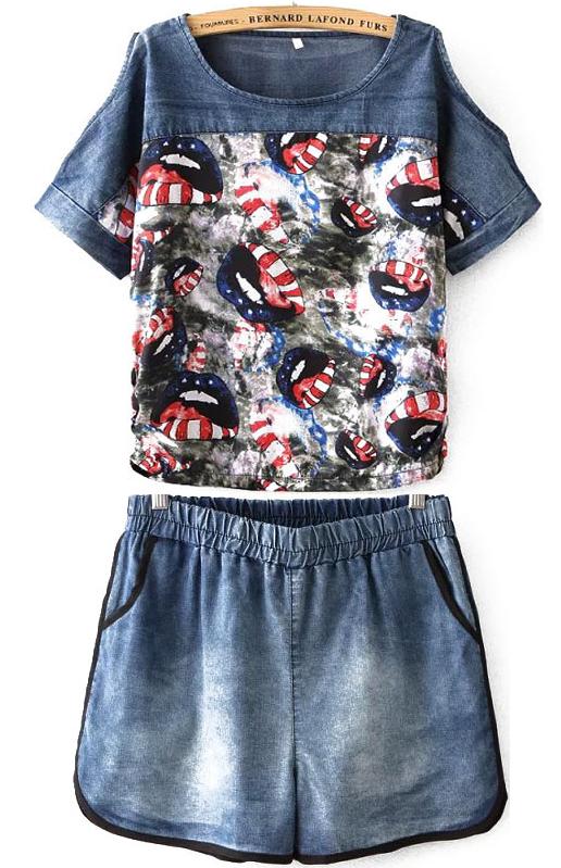 Romwe Open Shoulder Lips Print Denim Top With Elastic Waist Shorts