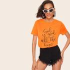 Romwe Neon Orange Slogan Print Slub Knit T-shirt