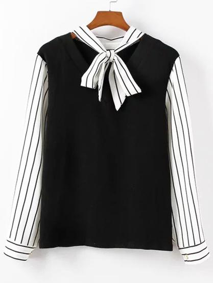 Romwe Tie Neck Vertical Striped Black Blouse
