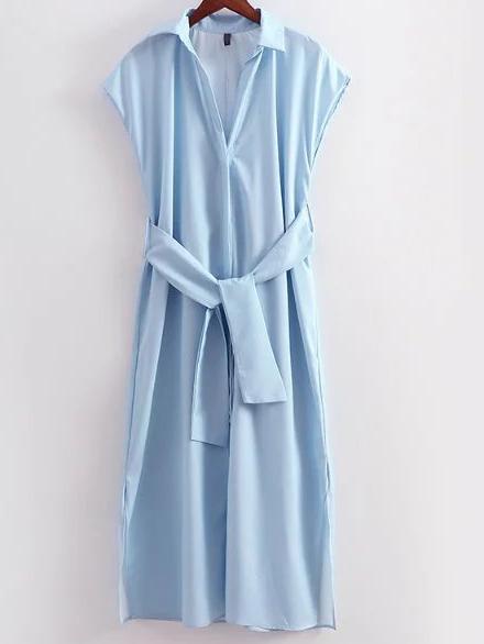 Romwe Blue Side Slit Midi Shirt Dress With Tie