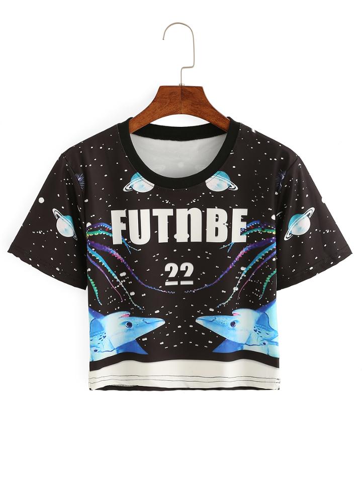 Romwe Galaxy & Shark Print Crop T-shirt