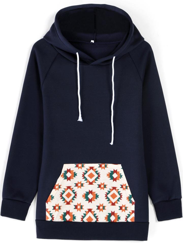 Romwe Navy Blue Long Sleeve Print Hooded Sweatshirt