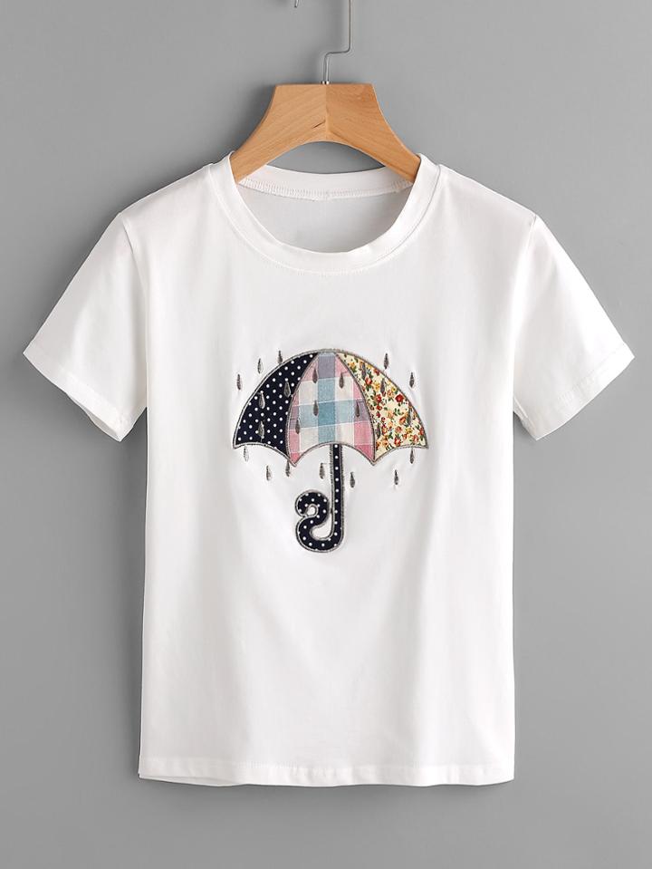 Romwe Umbrella Embroidered Tee