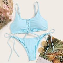 Romwe Snap Button Knot Hem Top With String Bikini Set