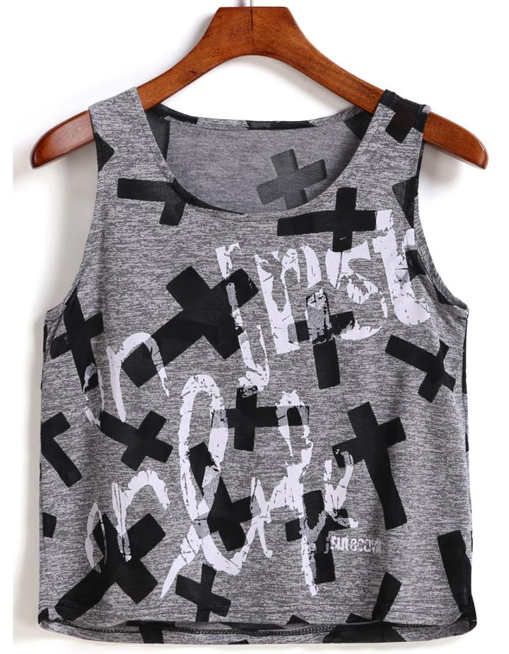 Romwe Cross Letter Print Grey Tank Top