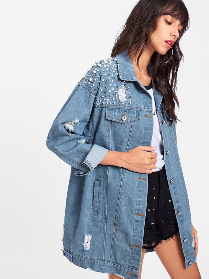 Romwe Pearl Beaded Detail Ripped Denim Jacket
