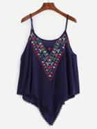 Romwe Embroidery Navy Pointed Hem Cami Top