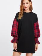 Romwe Tee Dress With Plaid Bell Sleeve