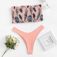 Romwe Tropical Frill Shirred Top With High Leg Bikini