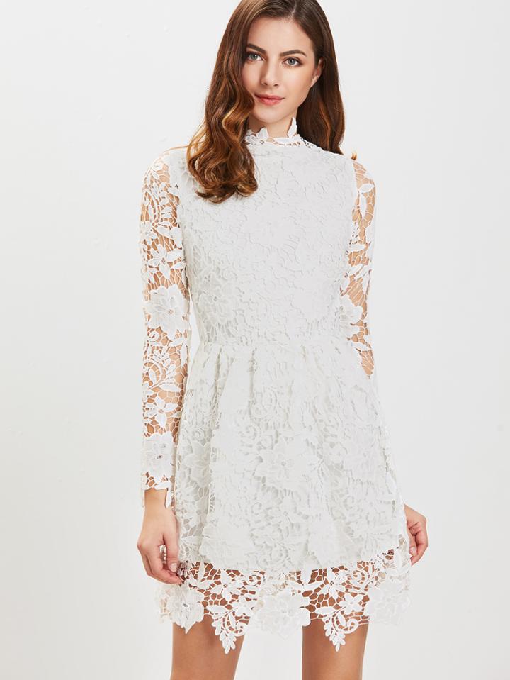 Romwe White Long Sleeve Zipper Back Lace Dress