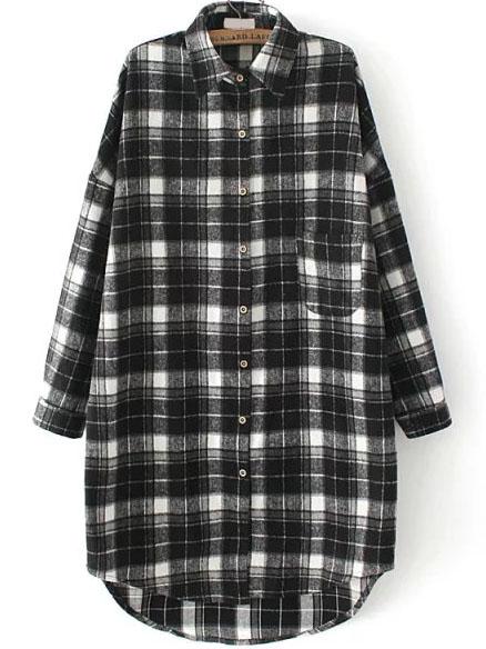Romwe Plaid Pocket Loose Black And White Blouse