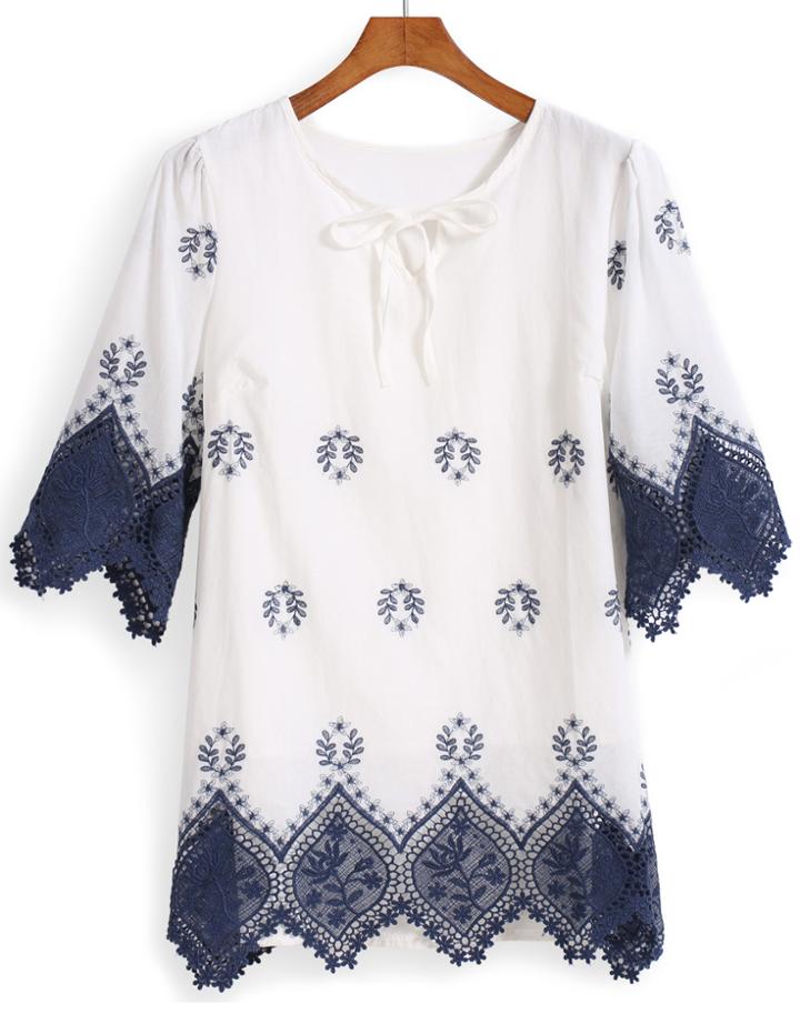 Romwe Lace Up Embroidered Blue Top