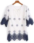 Romwe Lace Up Embroidered Blue Top