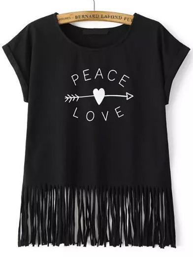 Romwe Stone Mandrel Print Fringe Black T-shirt