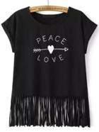 Romwe Stone Mandrel Print Fringe Black T-shirt