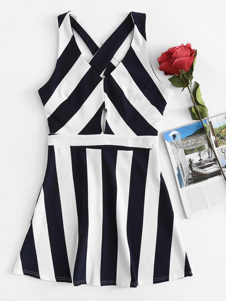 Romwe Cut Out Striped Crossover Dress
