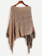 Romwe Khaki Eyelet Fringe Hem Asymmetrical Poncho Sweater