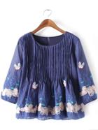 Romwe Blue Pleated Butterfly Embroidery Organza Blouse