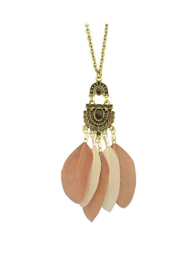 Romwe Coffee Colorfeather Long Pendant Necklaces