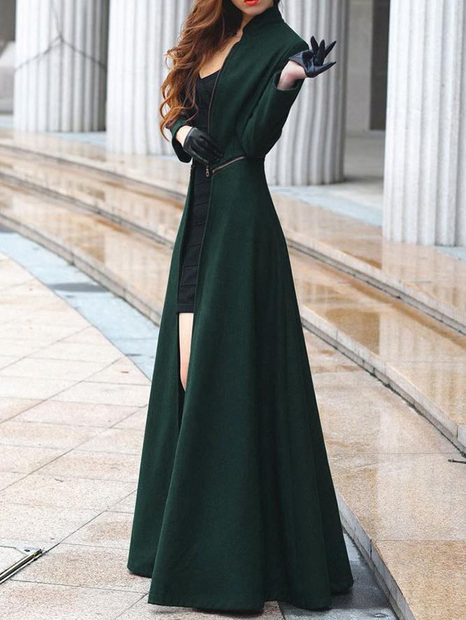 Romwe Stand Collar Zipper Maxi Dark Green Coat