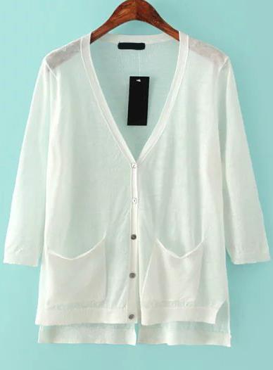Romwe With Pockets Dip Hem White Cardigan