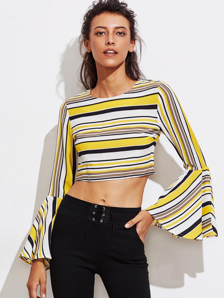 Romwe Bell Sleeve Striped Crop Top