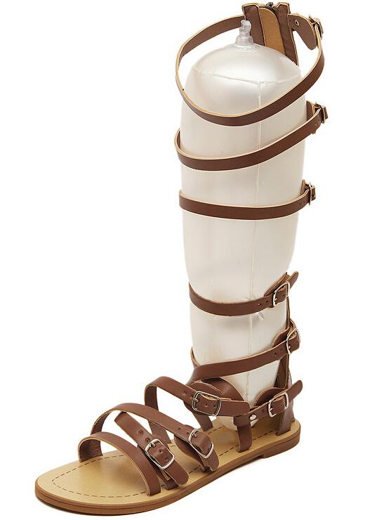 Romwe Brown Buckle Low Heel Casual Sandals