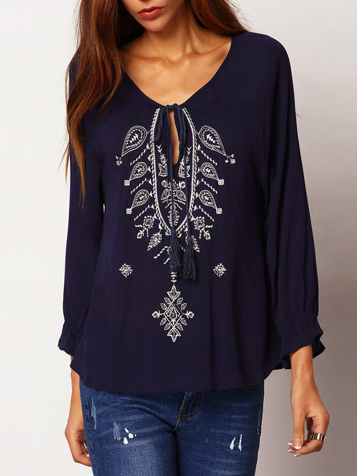 Romwe Navy Tie-neck Embroidered Loose Blouse