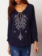 Romwe Navy Tie-neck Embroidered Loose Blouse