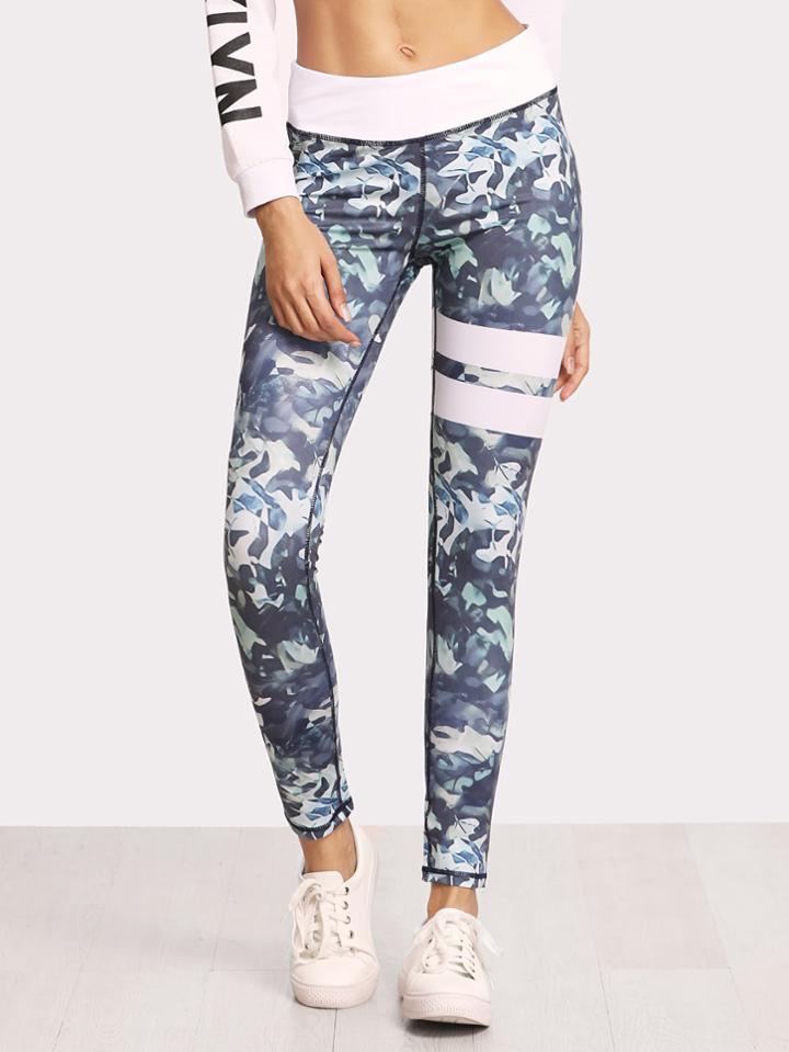 Romwe Printed Varsity Striped Cop Leggings