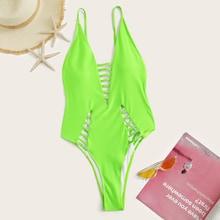 Romwe Neon Lime Ladder Cut-out One Piece Swimwear