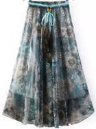 Romwe Grey Drawstring Waist Peacock Print Skirt