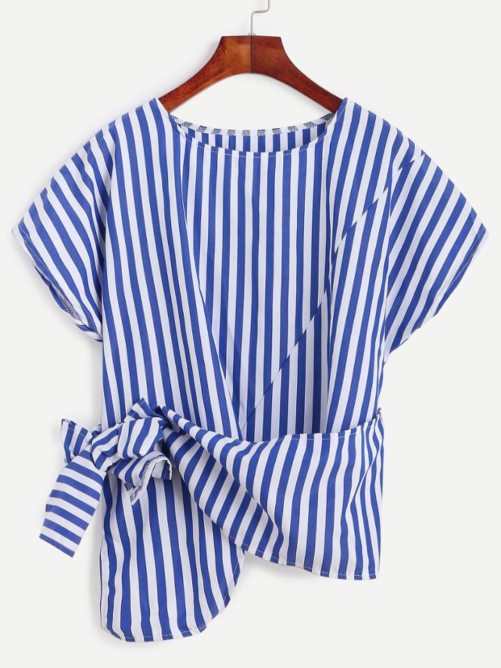Romwe Blue White Vertical Striped Knot Side Top