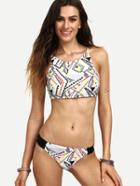 Romwe Multicolor Geometric Print High Neck Bikini Set