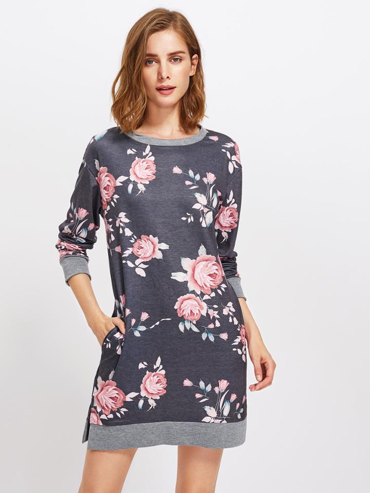 Romwe Floral Print Random Dolphin Hem Dress