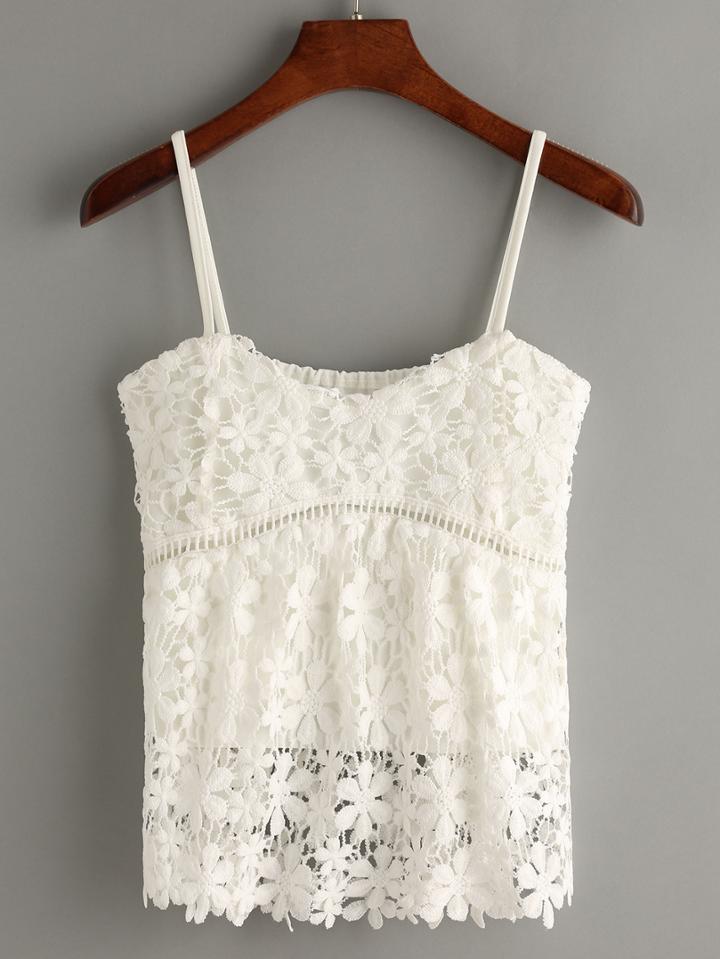 Romwe White Flower Crochet Overlay Cami Top