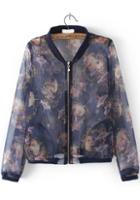 Romwe With Zipper Beauty Print Navy Jacket