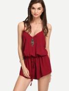 Romwe Burgandy Lace Racerback Drawstring Waist Cami Romper