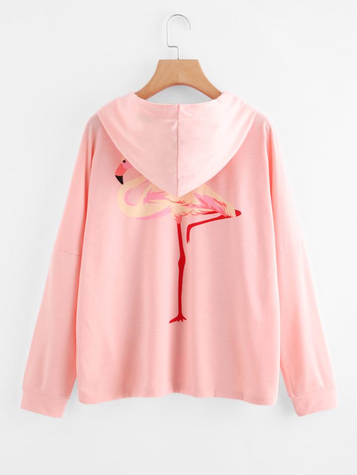 Romwe Flamingo Print Pocket Hooded Sweatshirt