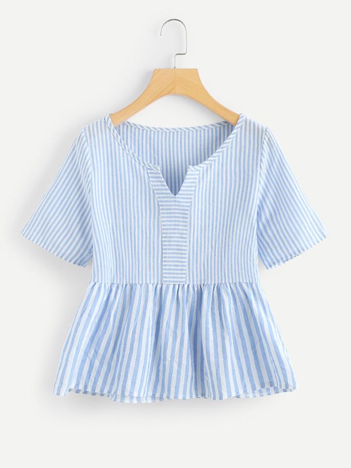 Romwe V Cut Neck Striped Ruffle Hem Top