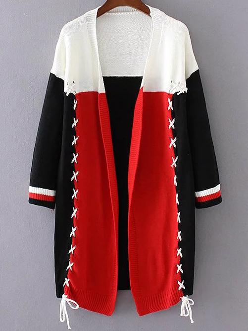 Romwe Color Block Lace Up Long Cardigan