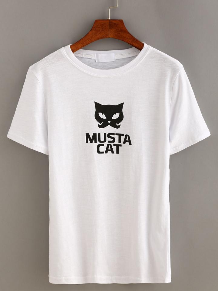 Romwe Cat Print Short Sleeve T-shirt