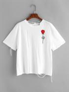 Romwe White Ripped Rose Print T-shirt